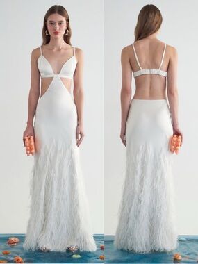 Cult Gaia Raisa Ostrich Feather Trimmed Silk Gown Off White